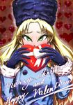  2018 blonde_hair blush box breasts buttons christmas coat commentary_request eyebrows_visible_through_hair eyelashes fur_hat fur_trim gift gloves green_eyes hat heart heart-shaped_box heart_background highres holding holding_gift incoming_gift kalinka_cossack long_eyelashes long_hair looking_at_viewer medium_breasts merry_christmas patterned patterned_background ribbon rockman rockman_(classic) rockman_xover saikoraru solo sparkle sparkle_background text_focus ushanka valentine 