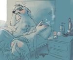  2018 anthro avo_(weaver) bed betty_(weaver) bite_mark blush canine cellphone cigarette clothing dildo discarded_clothing disney dog duo ear_piercing female female/female lying mammal morning_after nightstand nobby_(artist) on_bed on_front pack_street panties phone piercing pussy reclining sex sex_toy sweat underwear wolf zootopia 