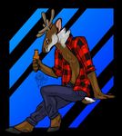  antlers beverage cervine clothing fluffy full_body fur hooves horn jeans liefie mammal pants plaid reindeer shirt signature simple_background unknown_artist unknown_artist_signature 