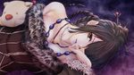  bare_shoulders black_hair braid brown_eyes closed_mouth doll final_fantasy final_fantasy_x fur_trim hair_ornament hair_stick jewelry long_hair looking_at_viewer lulu_(ff10) lying moogle necklace on_side purple_background smile solo teeta_j x_x 