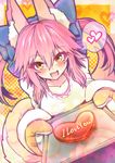  animal_ear_fluff animal_ears baking_sheet blush breasts cleavage collarbone fang fate/extra fate_(series) fox_ears fox_tail hair_ribbon heart highres large_breasts long_hair looking_at_viewer open_mouth oven_mitts pink_hair ribbon solo speech_bubble tail tamamo_(fate)_(all) tamamo_no_mae_(fate) valentine wisespeak yellow_eyes 