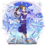  1girl boots brown_eyes brown_footwear brown_hair floating_hair full_body hair_ribbon head_tilt holding holding_sword holding_weapon jacket leg_up long_hair long_sleeves looking_at_viewer official_art pants ponytail purple_jacket purple_pants ribbon simple_background solo sortiliena_serlut sword sword_art_online sword_art_online:_code_register uniform very_long_hair weapon whip white_background white_ribbon 