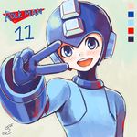  android blue_eyes blue_gloves blush capcom character_name color_guide copyright_name dated gloves hand_gesture helmet highres male_focus number open_mouth rockman rockman_(character) rockman_(classic) rockman_11 signature simple_background smile solo sumomo teeth v 