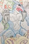  2018 5_fingers anthro ballbusting blue_skin bulge cock_and_ball_torture digimon dragon exveemon eyes_closed group horn male markings membranous_wings muscular muscular_male nude open_mouth pecs red_eyes scalie simple_background sweat teeth tongue torture traditional_media_(artwork) unknown_species wings wounded zazpihuts 