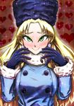  blonde_hair blush breasts buttons christmas coat commentary_request earrings eyelashes fur_collar fur_hat fur_trim gloves green_eyes hand_gesture hat heart heart_background highres jewelry kalinka_cossack large_breasts long_eyelashes long_hair looking_at_viewer patterned patterned_background rockman rockman_(classic) rockman_xover saikoraru smile solo sparkle sparkle_background ushanka valentine 