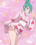  alternate_hairstyle blue_eyes blush_stickers breasts calen_(time_bokan) cleavage closed_mouth green_hair hair_ornament hair_stick haruyama_kazunori japanese_clothes kimono looking_at_viewer obi pink_background sash short_hair small_breasts smile solo sparkle standing time_bokan_(series) time_bokan_24 wide_sleeves 