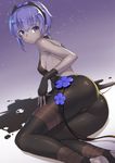  :o ass backless_outfit bangs bare_back bare_shoulders belt black_gloves black_hairband black_leotard blue_flower breasts cameltoe commentary_request covered_nipples dark_skin eyebrows_visible_through_hair fate/prototype fate/prototype:_fragments_of_blue_and_silver fate_(series) fingerless_gloves fingernails flower from_behind gloves gradient gradient_background hair_between_eyes hairband halterneck hand_on_own_thigh hassan_of_serenity_(fate) highres leggings legs_together leotard light_particles liquid looking_at_viewer looking_back mask mask_removed on_floor puddle purple_eyes purple_hair saruchitan shadow shiny shiny_clothes shiny_hair shiny_skin short_hair sidelocks skull_mask small_breasts solo trefoil white_background 