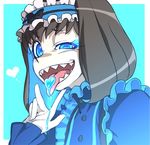  annosada black_hair blue_background blue_eyes blue_hair dress frills garie_tuman hairband heart long_sleeves looking_at_viewer multicolored_hair open_mouth puffy_sleeves senki_zesshou_symphogear sharp_teeth short_hair solo teeth tongue tongue_out two-tone_hair upper_body 