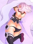  :d arm_belt arms_up artist_name ass bangs bare_shoulders belt belt_buckle black_legwear black_panties blush brown_belt buckle butt_crack closed_eyes covered_nipples eyebrows eyebrows_visible_through_hair fate/apocrypha fate/grand_order fate_(series) from_behind hair_between_eyes highres jack_the_ripper_(fate/apocrypha) leg_up lowleg lowleg_panties medjed ooba_jun open_mouth panties scar scar_across_eye short_hair shoulder_tattoo silver_hair simple_background smile solo standing standing_on_one_leg tattoo teeth thighhighs twitter_username underwear white_background 