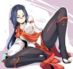 arm_support bespectacled black_legwear blue_eyes blue_hair commentary_request crotch forehead frown glasses greaves hikage_(sennen_sensou_aigis) long_hair looking_at_viewer ogami_kazuki on_floor pantyhose rimless_eyewear sennen_sensou_aigis sitting solo spread_legs tabi 
