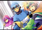  2boys blue_eyes born_free breasts commentary_request dragon_quest dragon_quest_ii goggles goggles_on_head goggles_on_headwear hood long_hair medium_breasts multiple_boys prince_of_lorasia prince_of_samantoria princess_of_moonbrook short_hair spiked_hair staff white_robe 