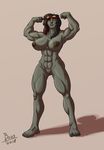  2018 5_fingers 5_toes abs black_hair blue_eyes boo3 breasts eyewear female flexing goggles green_skin hair looking_at_viewer multicolored_hair muscular muscular_female nipples not_furry nyunawyb pussy roegadyn scar simple_background solo standing toes two_tone_hair 