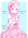  blue_background bonnet border bow checkered checkered_skirt corset cross-laced_clothes dated detached_sleeves error flower frills hair_flower hair_ornament heart heart_hands lace lolita_fashion looking_at_viewer love_live! love_live!_sunshine!! multiple_monochrome peke_(xoxopeke) pink polka_dot ribbon ribbon_trim short_hair signature skirt smile solo striped striped_ribbon twitter_username valentine watanabe_you white_border wristband 