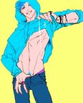  adonis_belt areolae blue_eyes blue_hair colored_pubic_hair denim earrings grin hood hoodie jeans jewelry looking_at_viewer mae_(gamefreak) male_focus male_pubic_hair navel open_mouth pants pants_pull pubic_hair ring shirt_lift smile solo sparkle tamura_(yarichin_bitch-bu) toned toned_male yarichin_bitch-bu 
