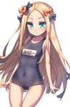  :o abigail_williams_(fate/grand_order) ass_visible_through_thighs bangs bare_arms bare_shoulders black_bow blonde_hair blue_eyes blush bow breasts collarbone commentary_request covered_navel dutch_angle fate/grand_order fate_(series) forehead hair_bow long_hair looking_at_viewer name_tag old_school_swimsuit one-piece_swimsuit orange_bow parted_bangs parted_lips polka_dot polka_dot_bow school_swimsuit simple_background small_breasts solo swimsuit very_long_hair wagashi928 white_background 