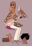 2015 ambiguous_gender avian barn_owl beaker bird book bookmark brooch brown_feathers brown_skin cauldron clothed clothing duo feathered_wings feathers female feral footwear forceps fully_clothed grey_background hijab holding_book holding_object human looking_back mammal owl pants perched pillow reading reimena shoes side_view simple_background sitting tail_feathers white_feathers wings 
