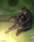  2013 5_fingers abluedeer anthro axe brown_hair canine clothed clothing detailed_background digital_media_(artwork) green_eyes hair holding_object holding_weapon male mammal melee_weapon sitting solo weapon 