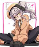  belt_boots bespectacled boots butterfly_sitting checkered checkered_neckwear commentary_request full_body glasses grin hat highres jacket lavender_hair looking_at_viewer navy_blue_legwear necktie ogami_kazuki orange-framed_eyewear pantyhose rino_(sennen_sensou_aigis) sennen_sensou_aigis shoes side_ponytail sitting smile solo white_background yellow_eyes 