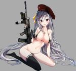  :d assault_rifle bangs bare_arms bare_shoulders beret bikini black_legwear blush breasts camouflage camouflage_bikini cleavage collarbone commentary_request eyebrows_visible_through_hair fang full_body grey_background gun hair_between_eyes hair_ribbon harenchi hat highres holding holding_gun holding_weapon jewelry l85 large_breasts long_hair looking_at_viewer navel necklace no_shoes open_mouth original purple_eyes red_hat ribbon rifle silver_hair simple_background sitting smile solo striped striped_ribbon swimsuit thighhighs very_long_hair weapon yellow_ribbon 