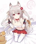  absurdres animal animal_ears azur_lane bad_id bad_pixiv_id bandaged_arm bandages bangs bed_sheet bell bell_collar breasts bridal_gauntlets budget_sarashi cleavage collar commentary_request dog dog_collar eyebrows_visible_through_hair fingernails flower grey_hair groin hair_between_eyes hair_flower hair_ornament head_tilt heart heart-shaped_pupils highres jingle_bell kneeling kyuujou_komachi large_breasts long_hair nail_polish navel no_shoes pleated_skirt polka_dot polka_dot_background red_collar red_eyes red_flower red_nails red_skirt sarashi skirt solo symbol-shaped_pupils tail thick_eyebrows thighhighs two_side_up very_long_hair white_legwear wolf_ears wolf_girl wolf_tail yuudachi_(azur_lane) 