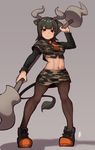  abs animal_ears arched_back aurochs_(kemono_friends) bangs black_footwear black_legwear black_ribbon blush breasts camouflage closed_mouth cow_ears cow_horns cow_tail crop_top dark_green_hair empty_eyes eyebrows eyebrows_visible_through_hair eyelashes full_body green_hair grey_background hatagaya holding holding_weapon horn_lance horns kemono_friends legs_apart light_smile long_sleeves medium_breasts miniskirt navel necktie orange_neckwear palms pantyhose pigeon-toed red_eyes ribbon shadow shirt shoelaces shoes short_hair short_sleeves side_slit signature simple_background skirt sneakers solo standing stomach tail taut_clothes taut_shirt toned tsurime v-shaped_eyebrows weapon 