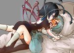  2girls aqua_dress aqua_hair arched_back asymmetrical_wings bed black_dress black_footwear black_hair blush downscaled dress girl_on_top heterochromia houjuu_nue imminent_kiss lying md5_mismatch multiple_girls on_back pillow resized shoes sweat tatara_kogasa thighhighs tikano touhou wavy_mouth wings wrist_grab yuri zettai_ryouiki 