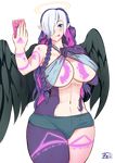  absurdres aiassis alien angel angel_wings blue_eyes blue_hair braid breast_tattoo breasts dark_skin elf eonbound goddess hair_over_one_eye halo highres large_breasts multicolored multicolored_hair multicolored_skin pale_skin phessian phone pink_hair pointy_ears self_shot shirt_lift solo tattoo tentacles transparent_background two-tone_skin white_hair wings 