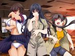  3girls bare_legs bike_shorts black_eyes black_hair breasts brown_hair character_request corruption curvy female gentle_sasaki hair_ornament kansen_4 kozue_notoya large_breasts long_hair looking_at_viewer medium_breasts multiple_girls open_mouth panties partially_visible_vulva red_eyes school school_uniform shiny shiny_skin short_hair skirt smile twintails 