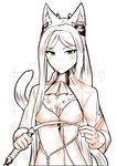  animal_ears blush cat_ears cat_tail cowfee eyebrows_visible_through_hair gloves green_eyes kemonomimi_mode looking_at_viewer nier_(series) nier_automata riding_crop simple_background smile solo tail upper_body watermark white_background yorha_infantry_squad_commander 
