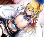  blonde_hair blue_eyes breasts cleavage commentary_request elbow_gloves glasses gloves highres labcoat large_breasts long_hair looking_at_viewer miniskirt mirai_akari mirai_akari_project navel nishiide_kengorou ribbon side_ponytail sitting sketch skirt strap virtual_youtuber work_in_progress 