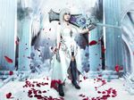  armor blue_eyes lana_rain large_sword long_hair rose_petals sino_alice snow_white_(sino_alice) thighhighs warrior white_dress white_hair 