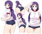  ass breasts buruma commentary green_eyes kurokawa_makoto large_breasts long_hair love_live! love_live!_school_idol_project low_twintails purple_hair short_sleeves smile toujou_nozomi twintails underwear 