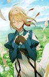  bangs blonde_hair blue_jacket braid brooch closed_eyes cloud day dress flower flying flying_paper gloves grass hair_between_eyes hair_intakes hair_ribbon hands_on_own_chest hands_together highres jacket jewelry letter long_hair long_sleeves paper pendant red_ribbon ribbon salmon88 solo standing violet_evergarden violet_evergarden_(character) wind 