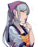  apron chocolate commentary_request finger_licking food_on_finger grey_hair kantai_collection kerchief licking long_hair looking_at_viewer sailor_collar sailor_shirt shinkaisei-kan shirt sidelocks solo ta-class_battleship tied_hair tongue tongue_out upper_body walzrj white_background yellow_eyes 