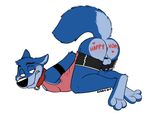  2018 3_toes anthro anus arm_markings backsack balls black_markings black_nose black_underwear blue_countershading blue_fur blue_tail blush body_writing butt canine chastity_cage cheek_tuft clenched_teeth clothed clothing collar countershade_face countershade_tail countershade_torso countershading ears_back elbow_tufts eyebrow_piercing eyebrows facial_piercing flaccid full-length_portrait fur green_eyes half-closed_eyes head_tuft holidays looking_back lying male mammal markings multicolored_fur on_front partially_clothed penis piercing pink_anus pink_penis pink_topwear portrait raised_tail robbie rotten_robbie shirt shoulder_tuft signature simple_background solo tank_top teeth toes tuft two_tone_fur two_tone_tail underwear underwear_down valentine&#039;s_day white_background wolf 
