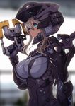  2d armor blonde_hair blue_eyes bodysuit breasts dead_space gun helmet holding holding_gun holding_weapon large_breasts looking_at_viewer parted_lips plasma_cutter power_armor short_hair sidelocks skin_tight solo weapon 