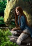  ambiguous_gender armor boots bracers breasts clothed clothing detailed_background dragon duo entar0178 female feral footwear forest fully_clothed gold_scales green_eyes hair human long_hair mammal outside pants pern pond red_hair rock shirt sitting smile tree 