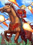  armor armored_boots blonde_hair blue_eyes boots breastplate company_name day faceless faceless_male fire fire_emblem fire_emblem:_seima_no_kouseki fire_emblem_cipher forde grass hood horse long_hair low_ponytail male_focus official_art pauldrons polearm sky solo_focus spear teeth vambraces weapon 