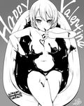 arm_support armpits blush braid breasts breasts_apart chocolate_bath chocolate_on_fingers closed_mouth collarbone covered_nipples darjeeling finger_to_mouth from_above girls_und_panzer greyscale happy_valentine heart highres looking_at_viewer lying medium_breasts monochrome navel nude on_back partially_submerged short_hair signature smile solo stomach thighs tukiyofree union_jack valentine 