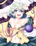  :d absurdres armpits bare_shoulders bed_sheet black_hat blush breasts cleavage closed_eyes collarbone green_eyes green_hair green_skirt groin hair_between_eyes hand_on_own_head hands_up hat hat_removed hat_ribbon headwear_removed heart heart-shaped_pupils heart_of_string highres komeiji_koishi looking_at_viewer lying navel off_shoulder on_back on_bed open_clothes open_mouth open_shirt ribbon ribbon-trimmed_shirt ribbon-trimmed_sleeves ribbon_trim sheet_grab shirt shirt_pull skirt small_breasts smile solo sotomichi symbol-shaped_pupils third_eye touhou upper_teeth wide_sleeves yellow_ribbon yellow_shirt 