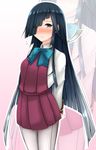  arms_behind_back black_hair blue_bow blue_neckwear blush bow bowtie closed_mouth cowboy_shot dial16yoi flying_sweatdrops gradient gradient_background grey_legwear hair_over_one_eye hayashimo_(kantai_collection) highres kantai_collection light_frown long_hair long_sleeves looking_at_viewer nose_blush pantyhose pink_background pleated_skirt purple_eyes purple_skirt seamed_legwear shiny shiny_hair shirt side-seamed_legwear skirt solo standing straight_hair sweatdrop valentine very_long_hair white_shirt zoom_layer 