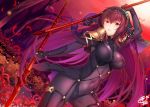  1girl bangs blush bodysuit breasts covered_navel fate/grand_order fate_(series) gae_bolg hair_between_eyes hair_intakes holding holding_weapon large_breasts long_hair looking_at_viewer okitakung pauldrons polearm purple_bodysuit purple_hair red_eyes scathach_(fate)_(all) scathach_(fate/grand_order) shoulder_armor solo spear veil weapon 