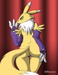  2018 anthro armwear black_sclera blue_eyes blush bridal_gauntlets canine clothing digimon female looking_at_viewer looking_back mammal mostly_nude pussy rear_view renamon solo thigh_gap yiffmasters 