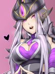  breasts center_opening chocolate cleavage commentary_request eyelashes food_in_mouth half-closed_eyes heart helmet highres kumiko_shiba large_breasts league_of_legends long_hair looking_at_viewer open_mouth purple_background purple_eyes simple_background solo syndra teeth upper_body valentine white_hair 