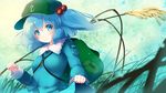  backpack bag blue_eyes blue_hair blue_shirt blue_skirt blush breasts commentary_request eyebrows_visible_through_hair frilled_shirt_collar frills gengetsu_chihiro grass green_backpack green_hat hair_bobbles hair_ornament hat highres holding_plant kawashiro_nitori key lifted_by_self long_sleeves looking_at_viewer pocket reeds shirt short_hair skirt skirt_hold small_breasts smile solo touhou two_side_up upper_body 