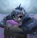  2017 bakuel bouquet bust_portrait cosmic_hair crown cute digital_media_(artwork) digital_painting_(artwork) equine eyelashes feathered_wings feathers female feral flower friendship_is_magic hair holding_object horn long_hair looking_at_viewer mammal my_little_pony nude plant portrait princess_luna_(mlp) smile solo teal_eyes winged_unicorn wings 