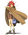 90s cloak earrings full_body gloves hand_on_head highres holding holding_sack jewelry non-web_source official_art parfait_(lamune) red_eyes red_hair sack short_hair simple_background solo vs_knight_lamune_&amp;_40_fresh white_background 