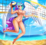  2016 animal_humanoid areola ball barely_visible_genitalia beach big_breasts breasts cutie_mark equine erect_nipples feathered_wings feathers female friendship_is_magic hair hi_res holding_ball horn humanoid jumping long_hair mammal multicolored_hair my_little_pony navel nipples nude outside princess_celestia_(mlp) purple_eyes pussy racoon-kun seaside solo sport subtle_pussy sun volleyball_(ball) volleyball_net white_feathers winged_humanoid winged_unicorn wings 