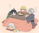  black_hair blonde_hair blue_wings bow commentary_request end_roll food fruit fruit_bowl gardenia_(end_roll) green_coat green_hood grey_hair grey_kimono hair_ornament horns japanese_clothes kantera_(end_roll) kimono kotatsu lying nyuuta_(makkuro96suke) on_stomach open_mouth orange russell_(end_roll) silver_hair sitting smile tabasa_(end_roll) table translation_request under_kotatsu under_table wings yellow_bow 