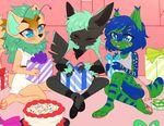  2018 4_fingers anthro birthday birthday_cake black_footwear black_fur black_nose blue_eyes blue_fur blue_hair blue_tail blush cake cat claralaine clothed clothing cub cute_fangs detailed_background digital_media_(artwork) dots feline female food footwear front_view fur gift green_fur green_hair green_tail group hair happy hybrid inside long_hair mammal multicolored_fur multicolored_hair open_mouth pawpads paws pink_nose pink_shirt pink_skirt sitting smile striped_fur striped_tail stripes tongue two_tone_fur two_tone_hair two_tone_tail white_dress young 